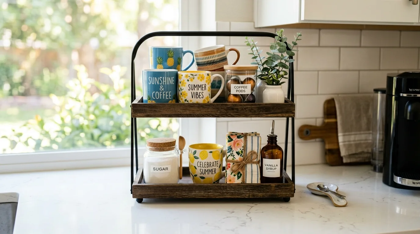 Summer tiered tray styled for a coffee station
