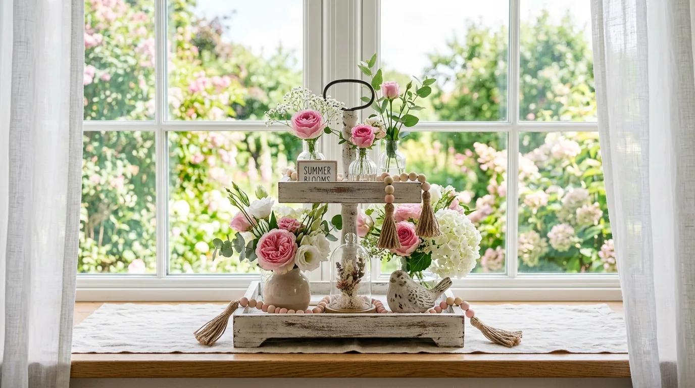 Fresh floral tiered tray near a bright window
