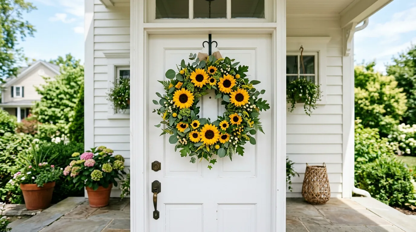 Bright summer sunflower wreath hanging on a front door