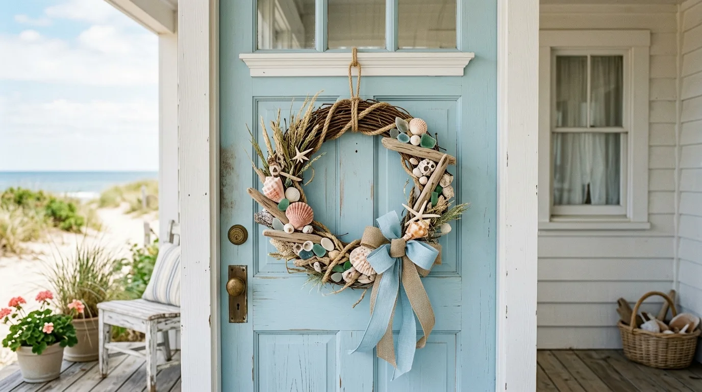 Coastal wreath with seashells and driftwood