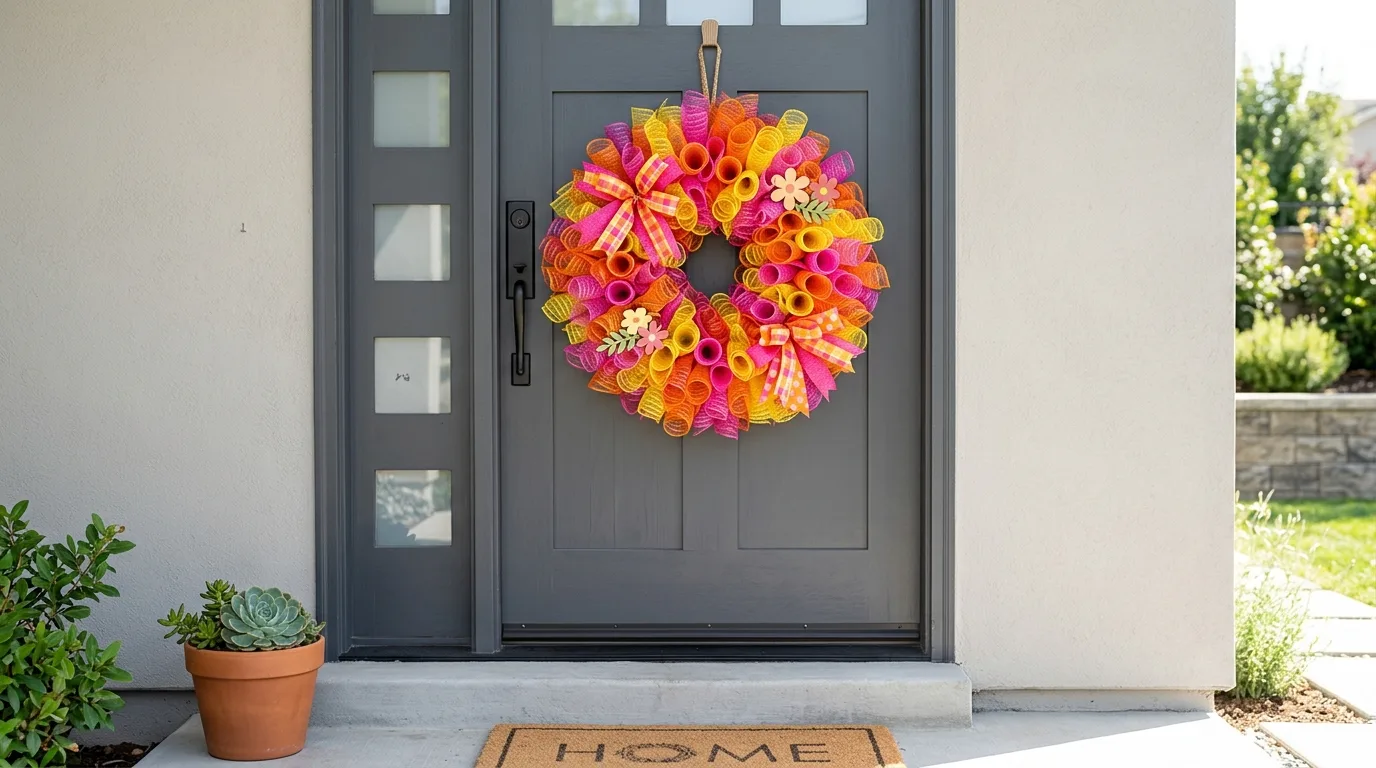 Colorful mesh ribbon summer wreath on a front door