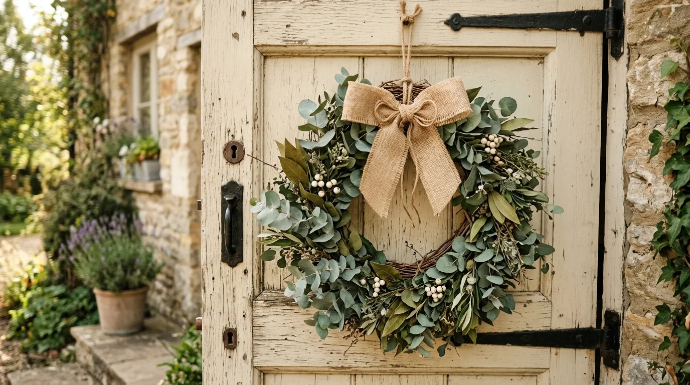 Rustic eucalyptus summer wreath on a wooden door