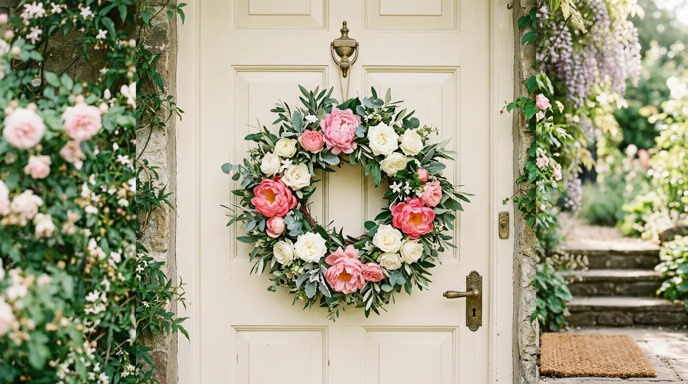 Elegant summer floral wreath with peonies and roses