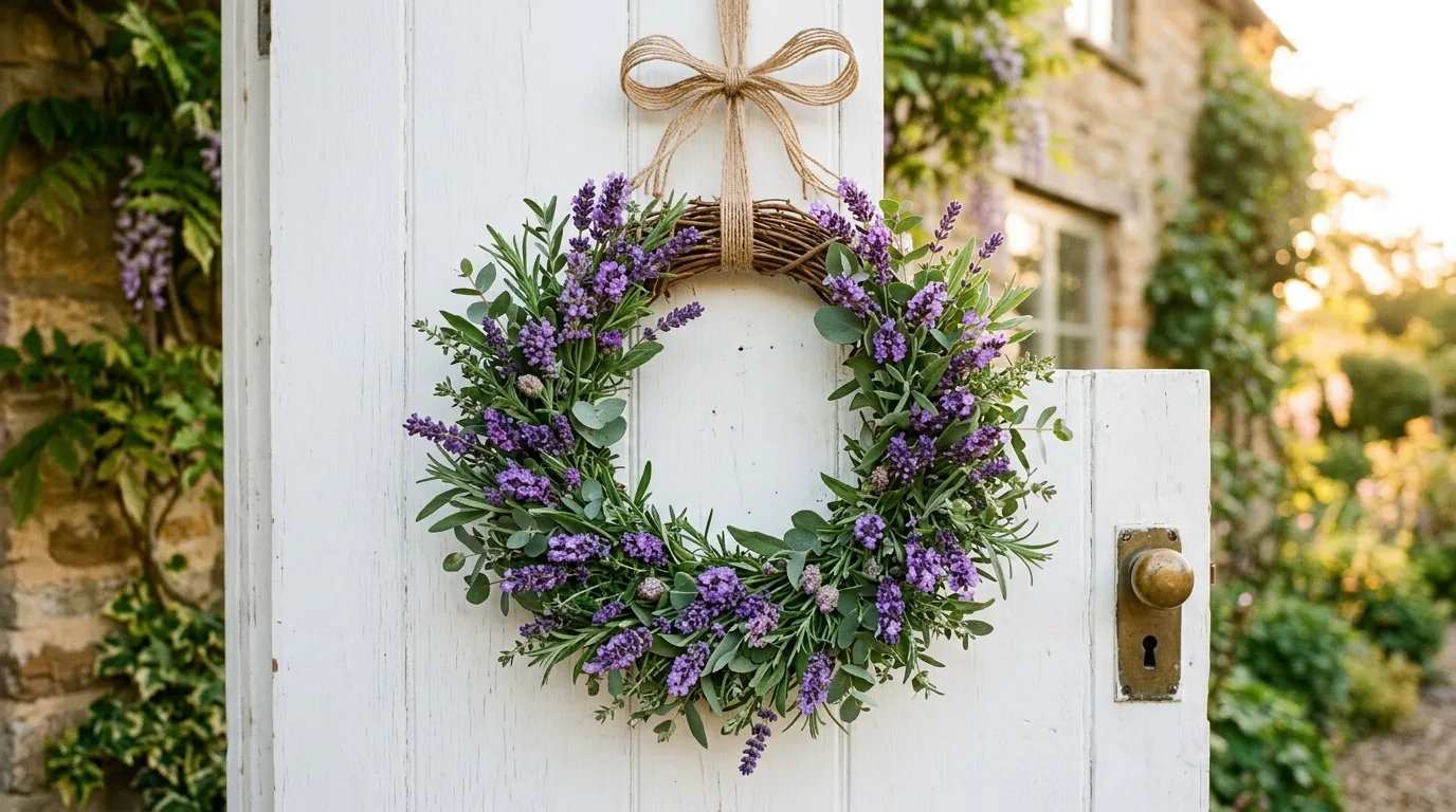 Lavender summer wreath on a white front door