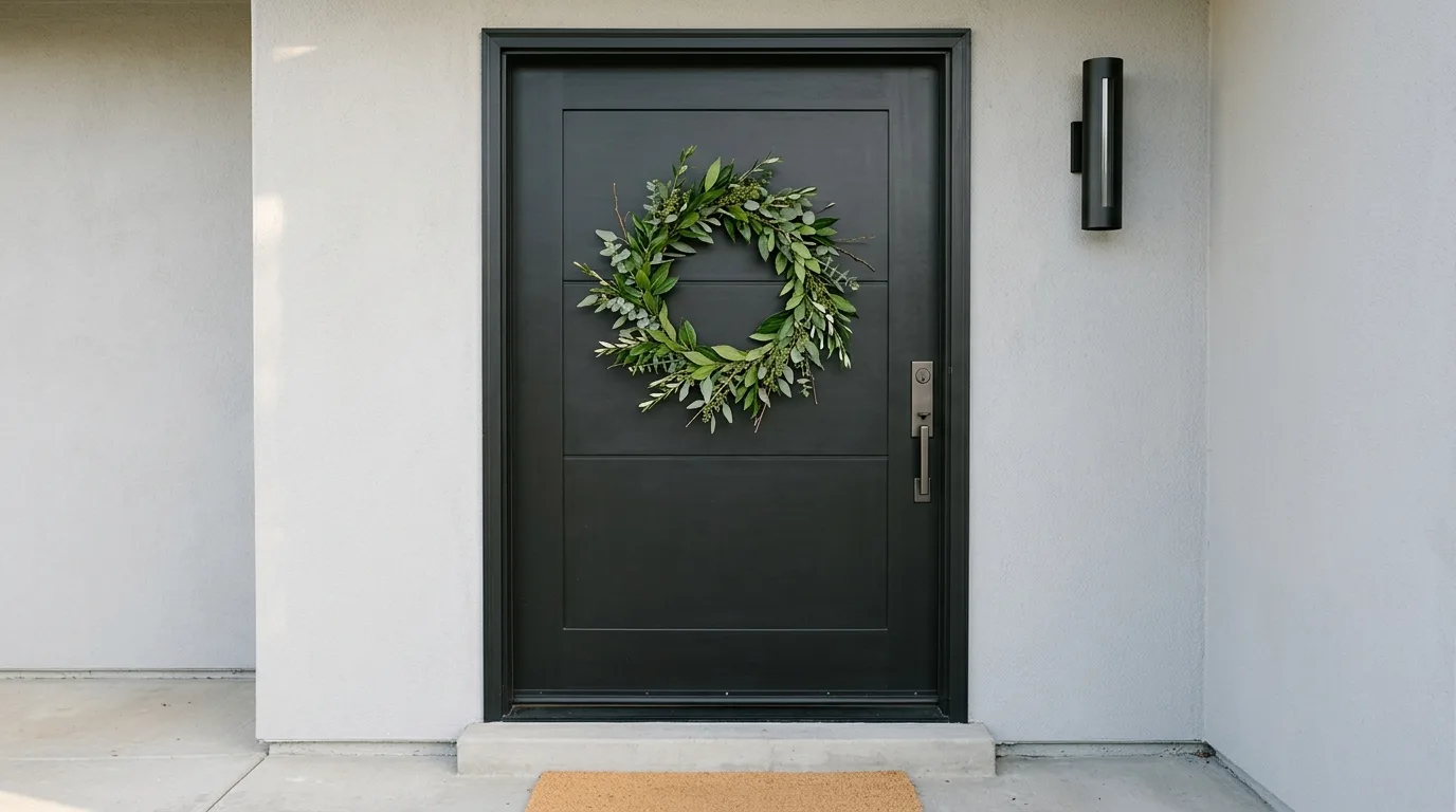 Minimal green wreath on a black modern door