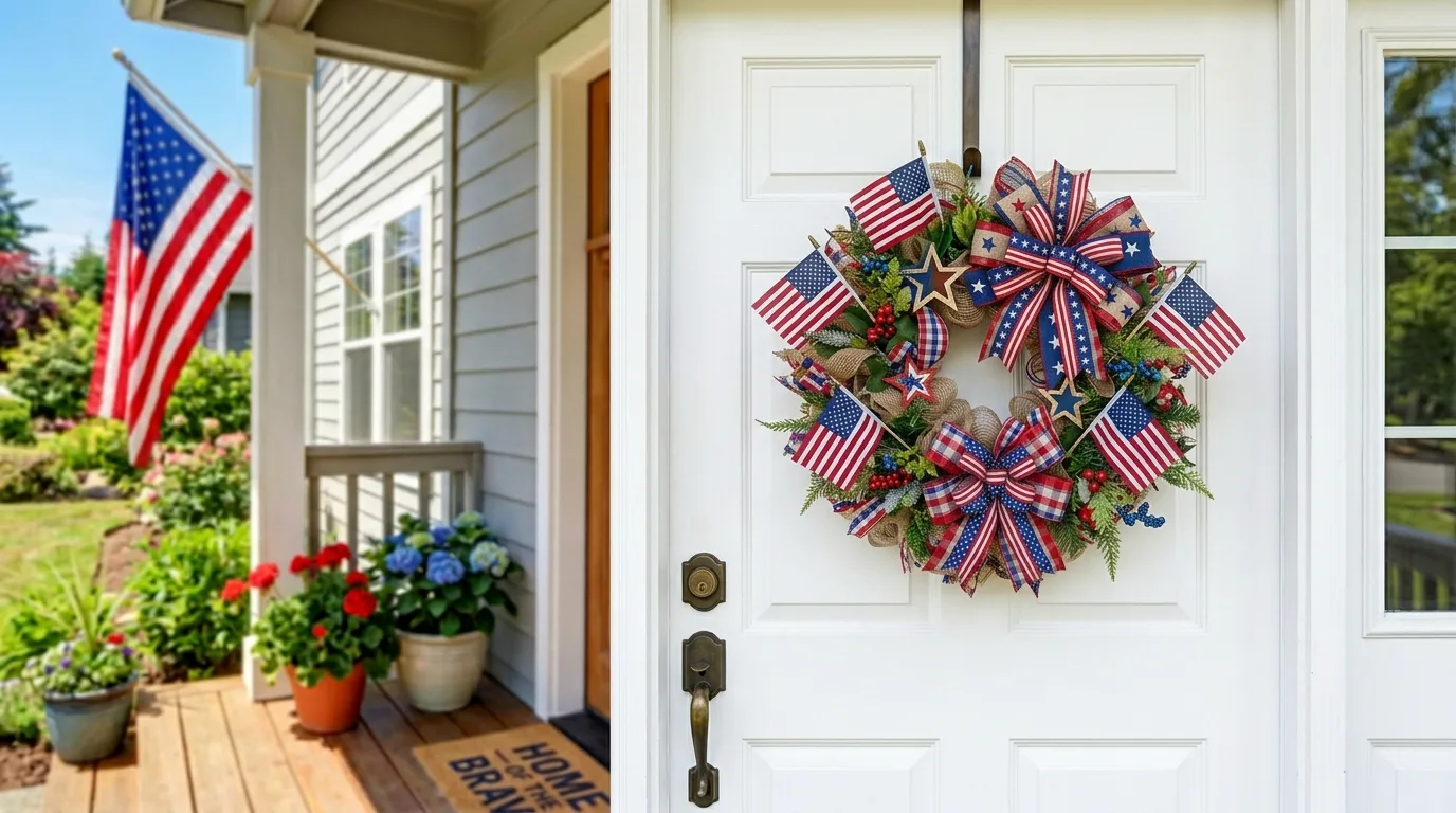 Patriotic summer wreath with flags and ribbon