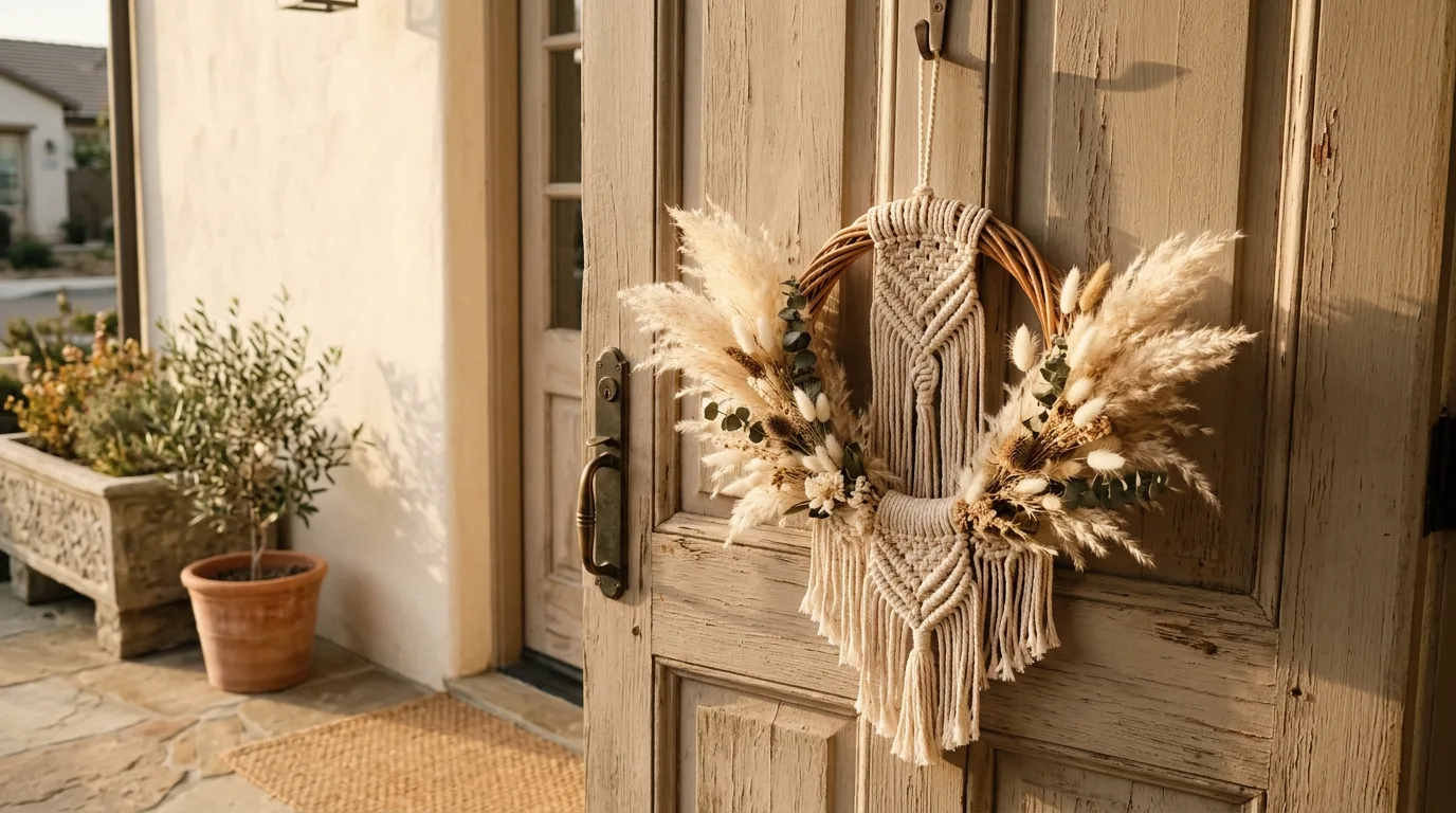 Boho-style summer wreath with pampas grass