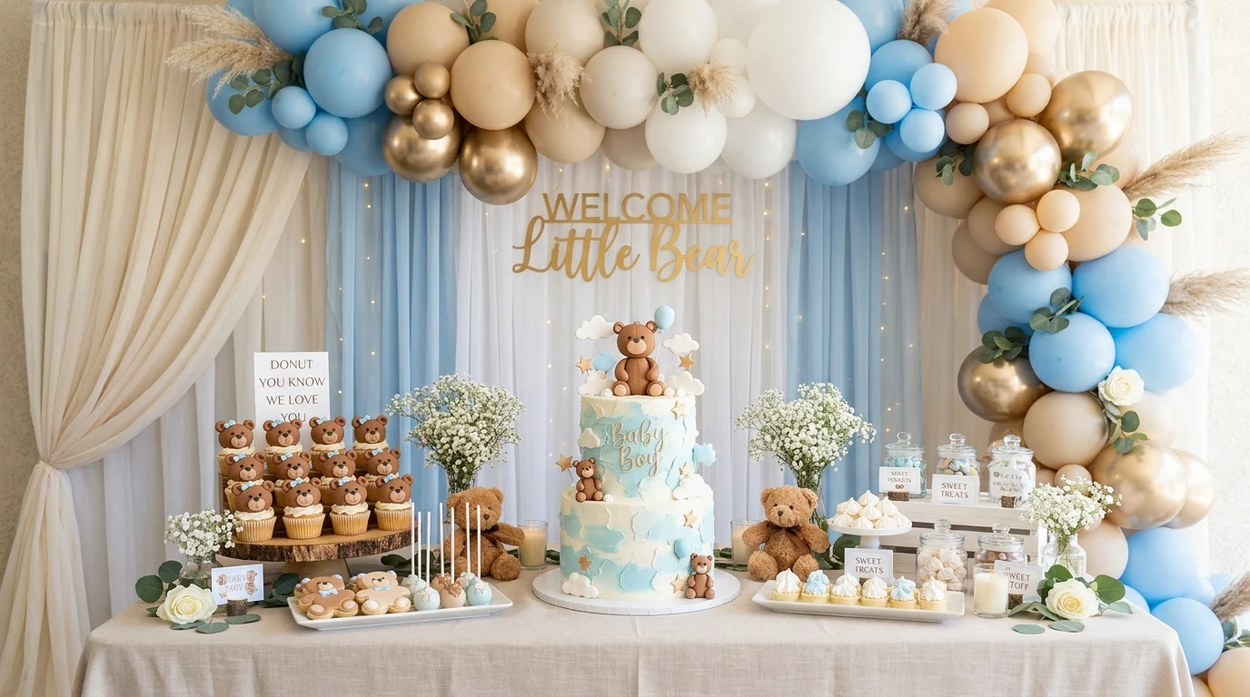 Teddy bear baby shower dessert table with blue beige and white balloon garland