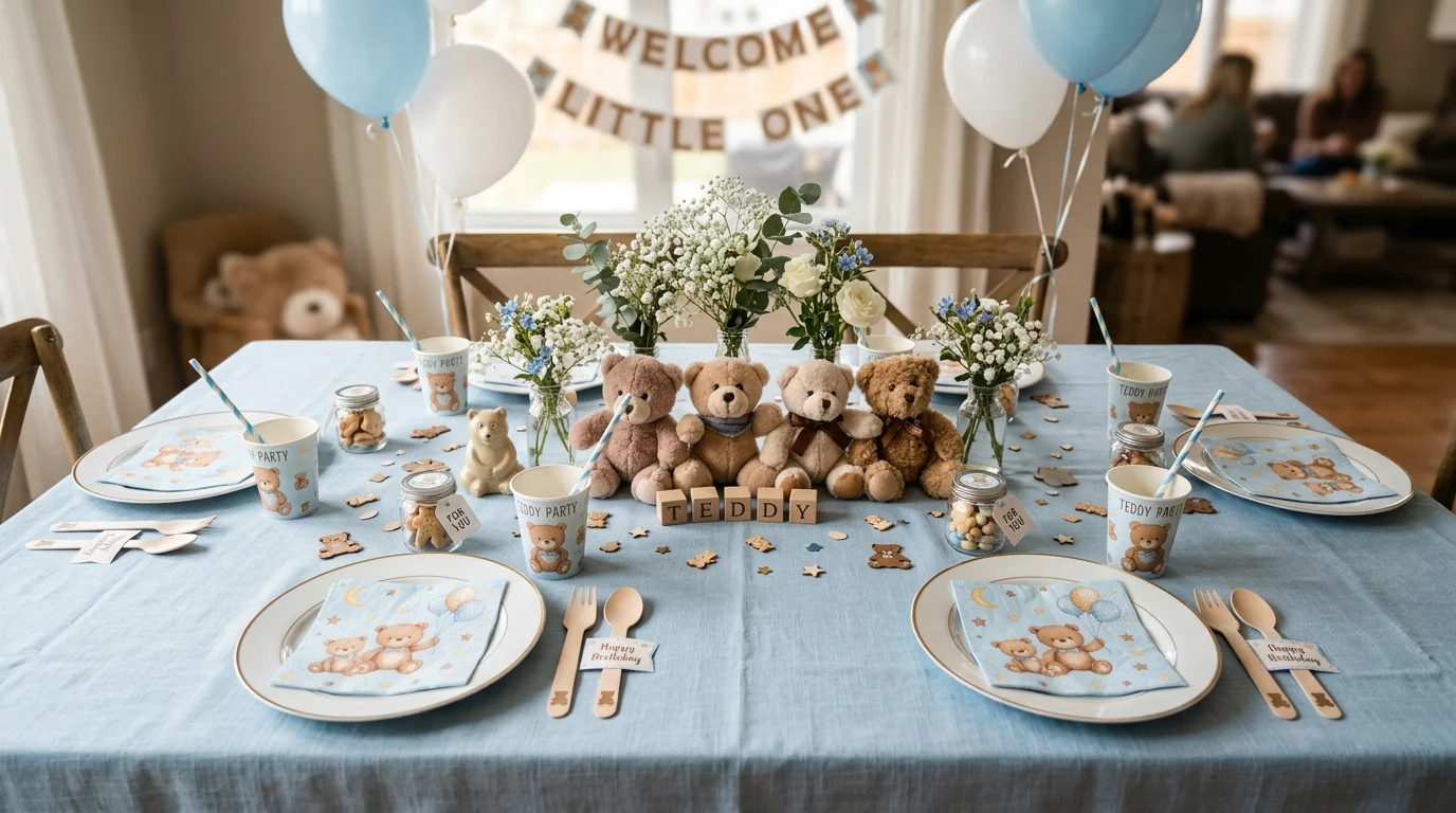Party table with light blue tablecloth, teddy bear themed plates, cups, and plush bear accents
