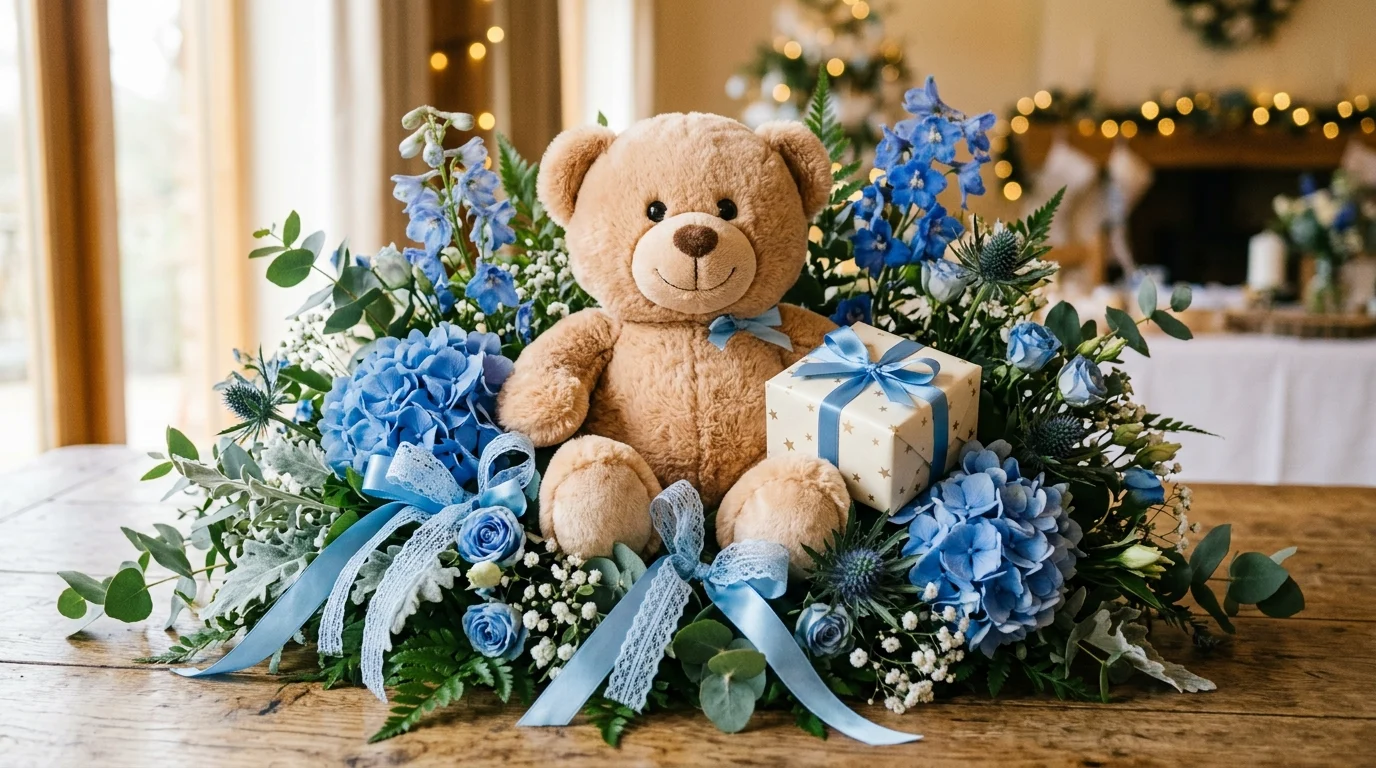 Teddy bear centerpiece with blue flowers, greenery, ribbons, and small gift box
