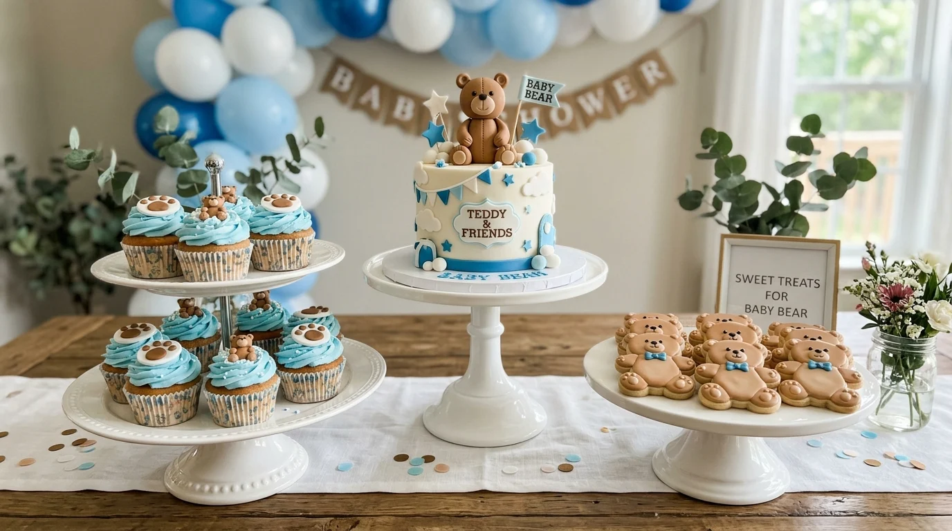 Dessert display with teddy bear cookies, blue cupcakes, and themed cake on white stands