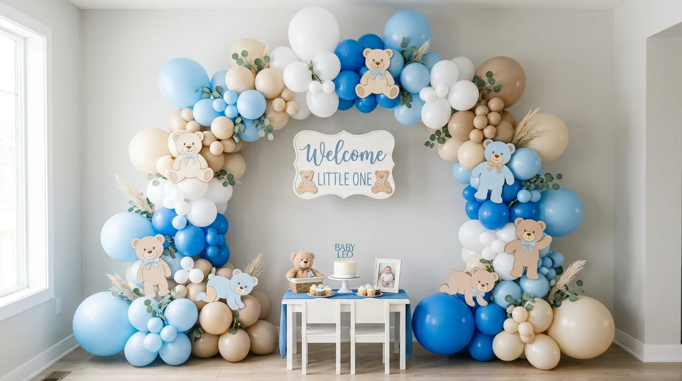Blue white and beige balloon backdrop with teddy bear cutouts