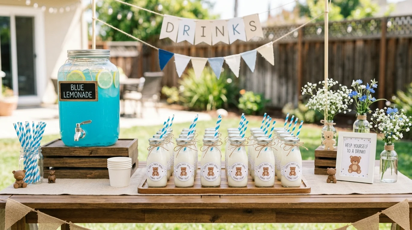 Drink station with blue lemonade, milk bottles, striped straws, and teddy bear labels