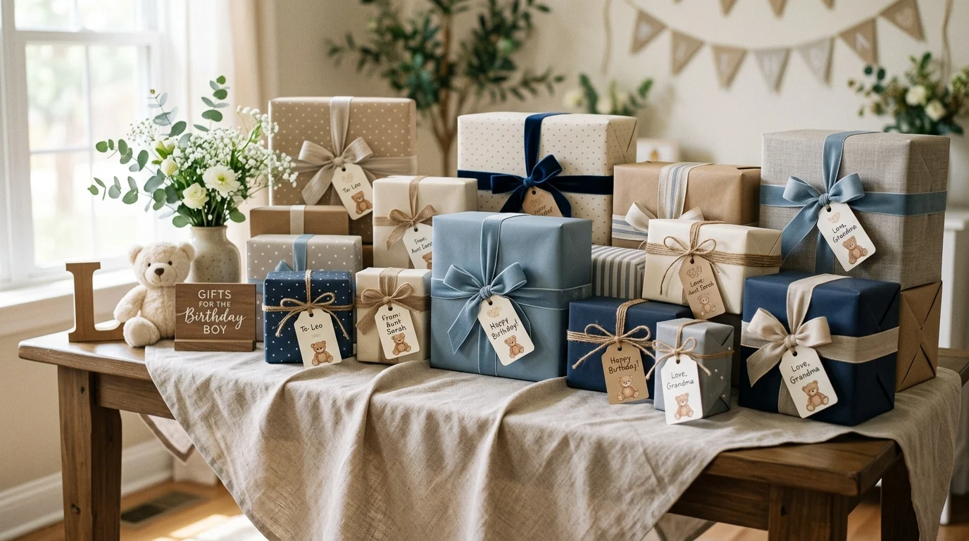 Gift table with blue and neutral wrapped presents, ribbon bows, and teddy bear tags