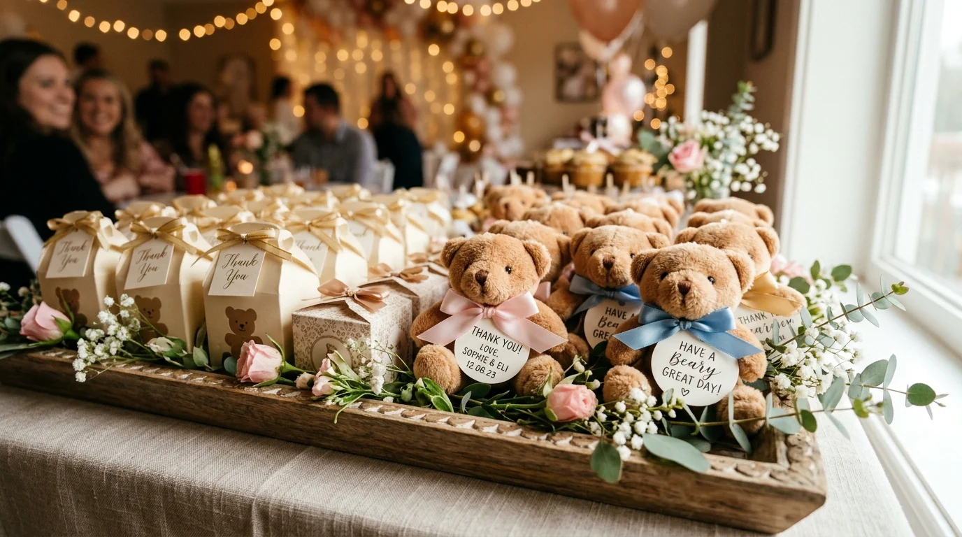 Party favor display with teddy bear boxes, mini plush toys, ribbons, and flowers
