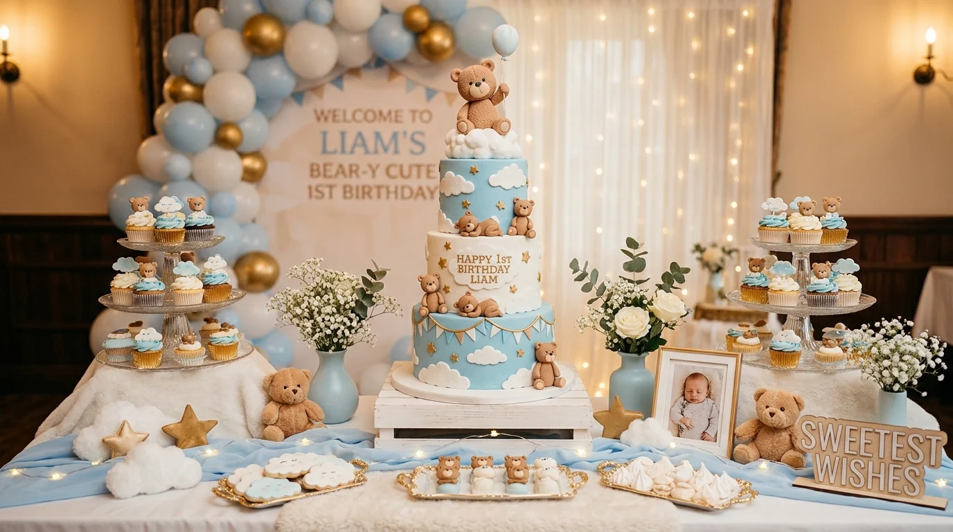 Cake table with teddy bear and cloud design cake surrounded by cupcakes