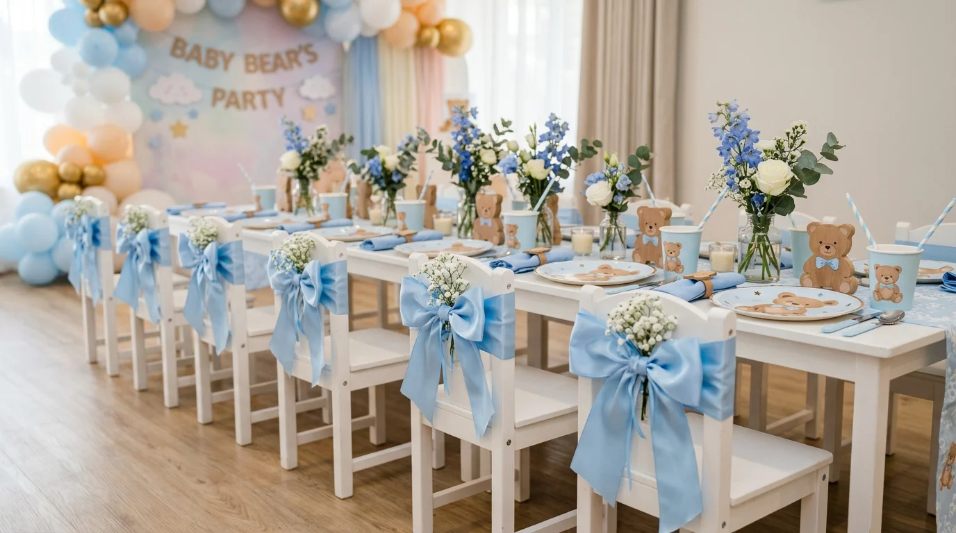 Seating setup with blue bows, matching tableware, and pastel backdrop