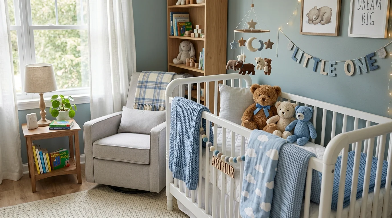 Nursery style decor corner with crib, teddy bears, blue blankets, and soft textures