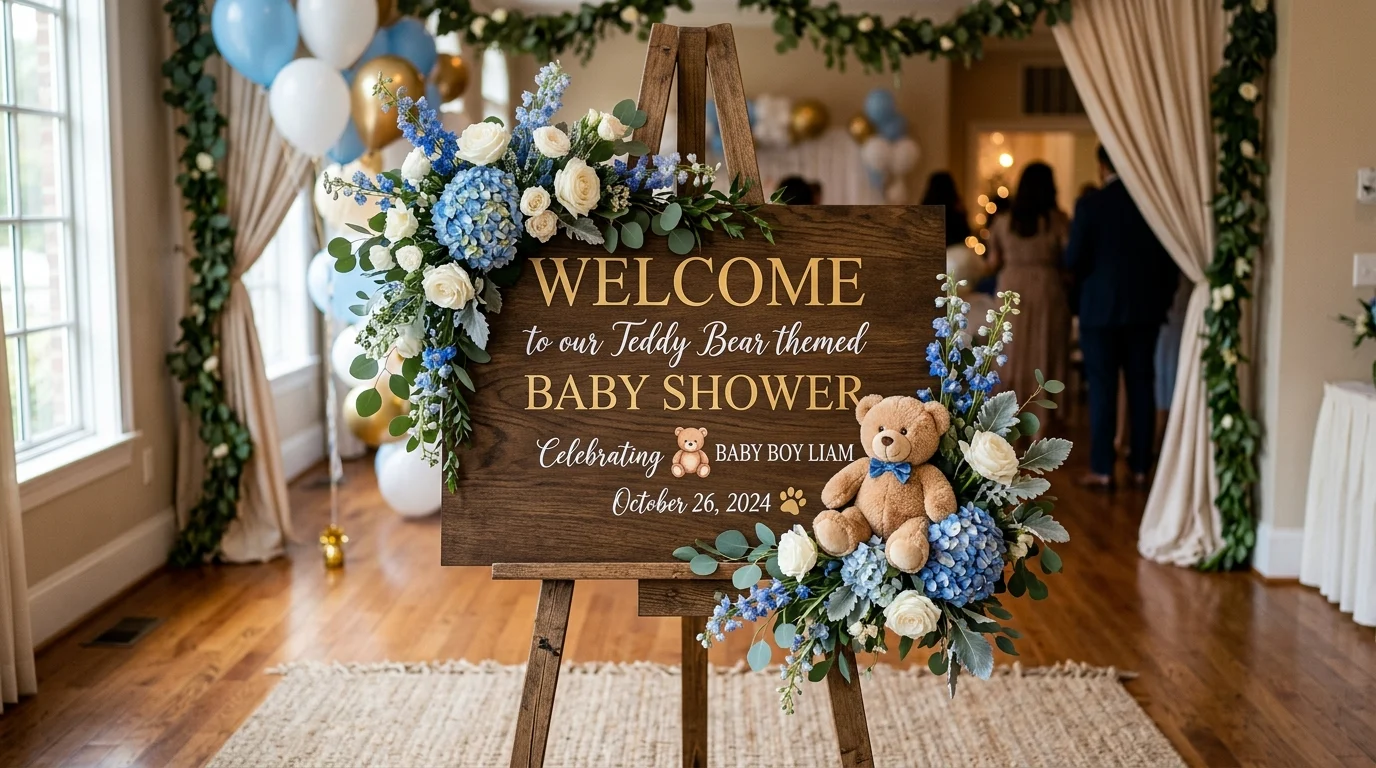 Elegant teddy bear welcome sign with blue flowers and greenery on easel
