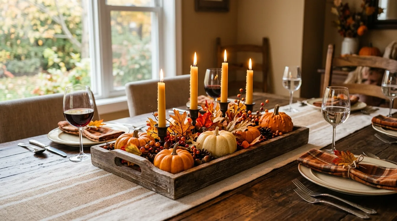 Thanksgiving centerpiece with pumpkins and candles on a wooden tray