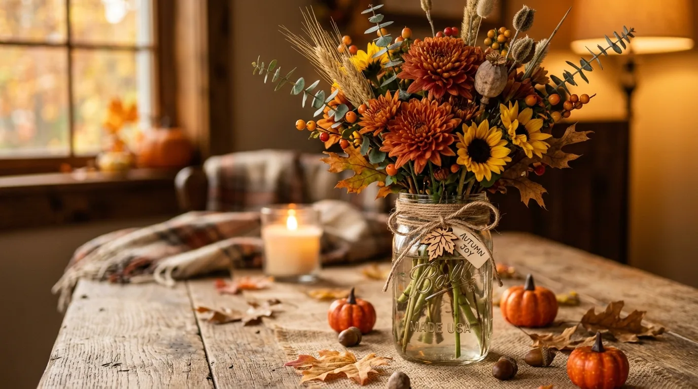 Mason jar centerpiece with autumn flowers