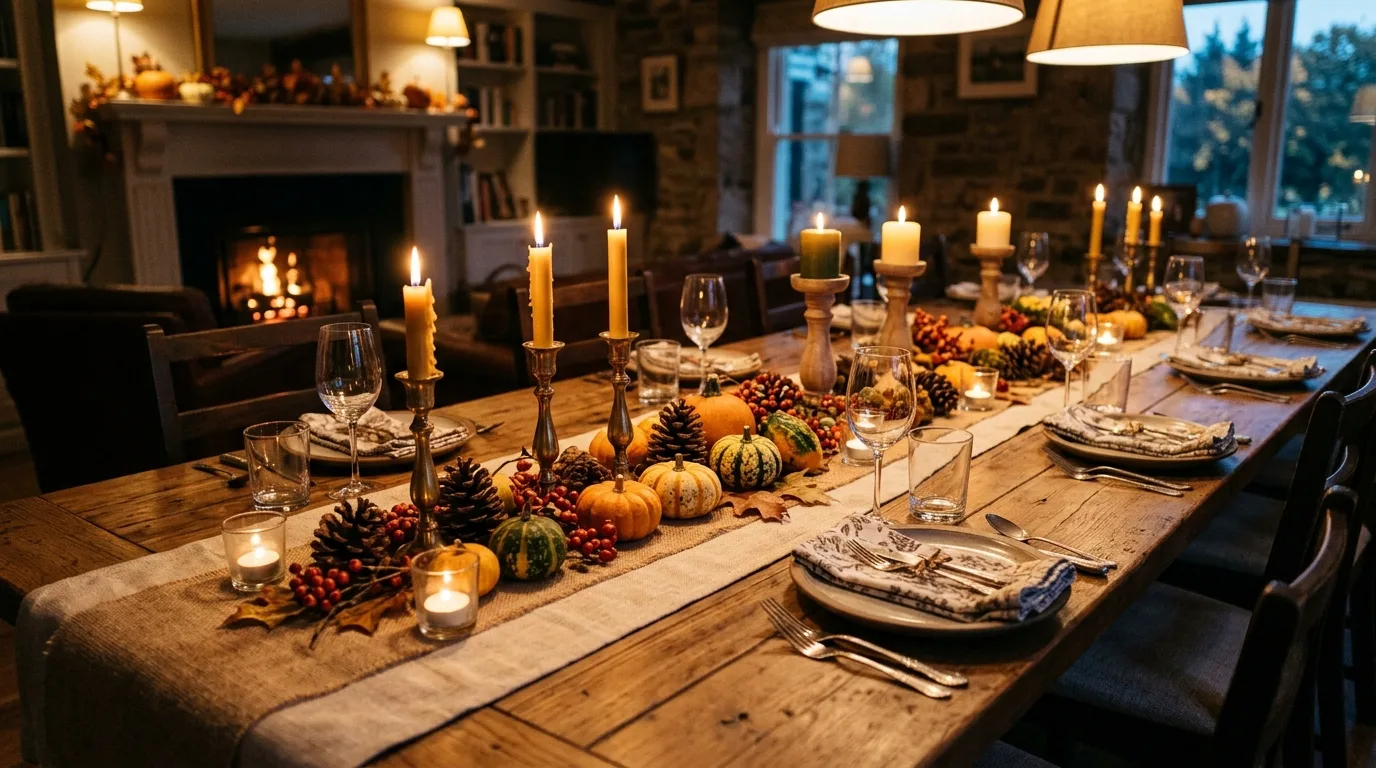 Long Thanksgiving centerpiece with pinecones and candles