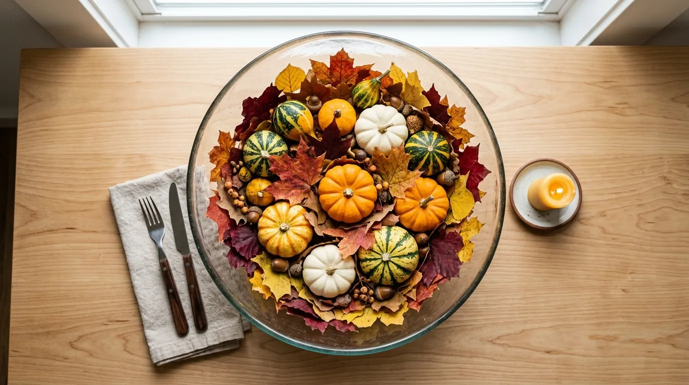 Glass bowl centerpiece with fall leaves and pumpkins
