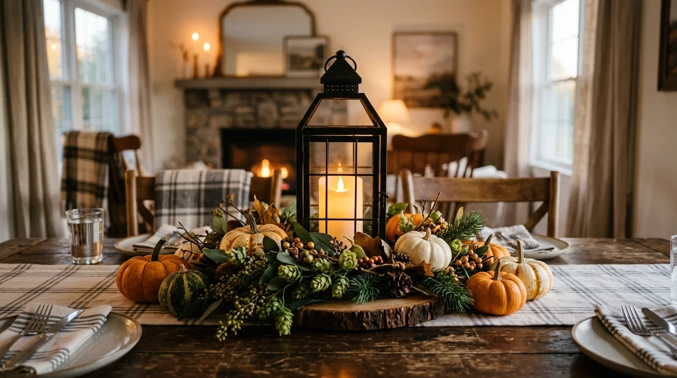 Farmhouse lantern Thanksgiving centerpiece
