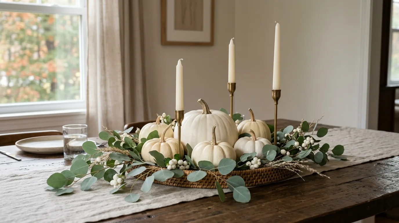 Neutral Thanksgiving centerpiece with white pumpkins