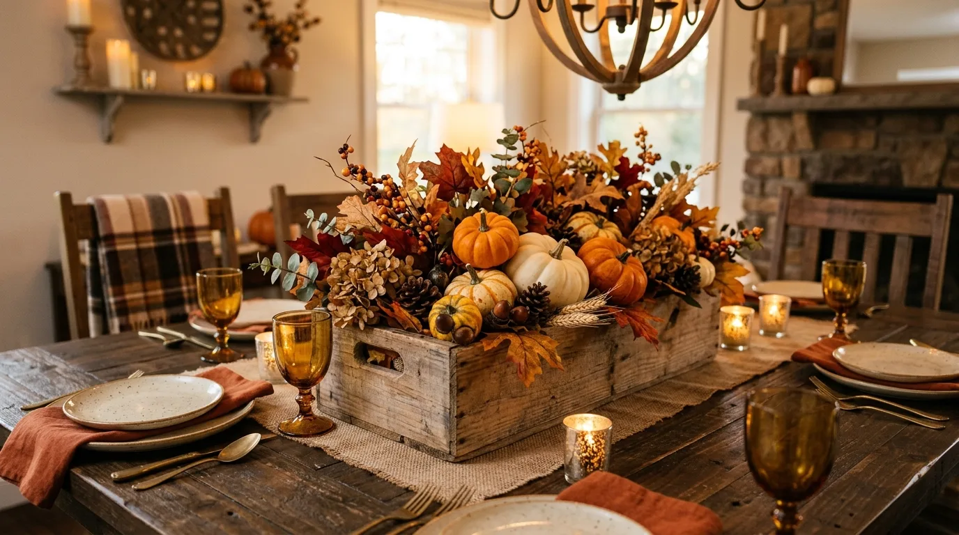 Rustic crate centerpiece with fall foliage and pumpkins