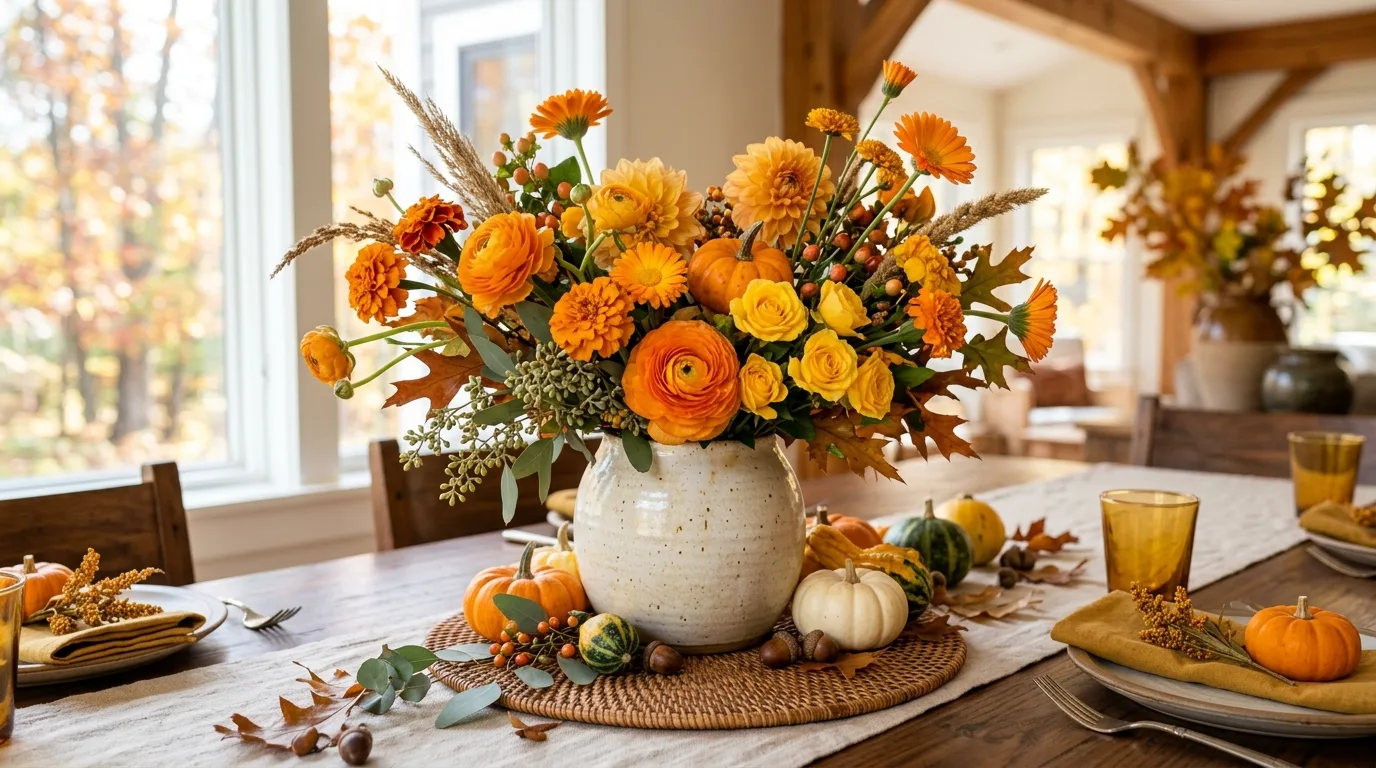 Autumn floral centerpiece in a ceramic vase