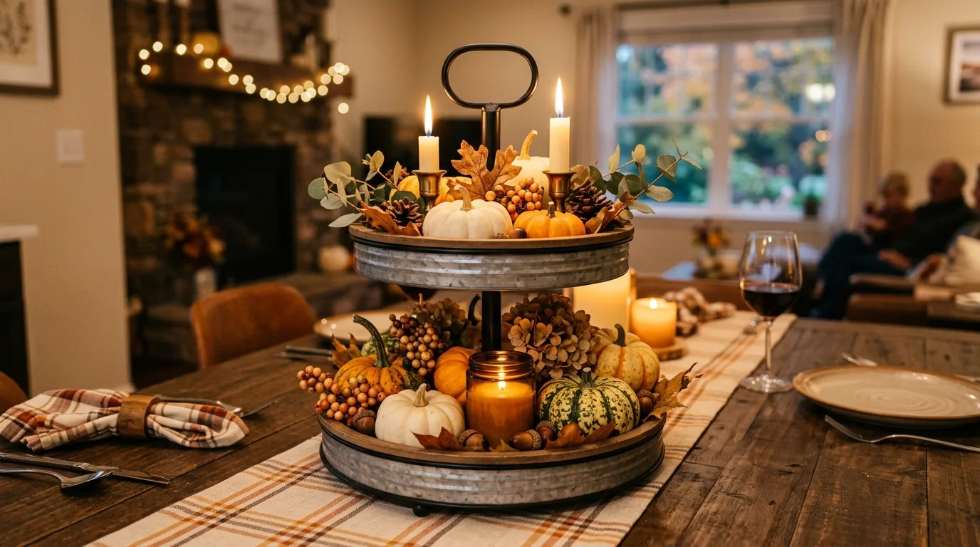 Tiered tray Thanksgiving centerpiece on a dining table