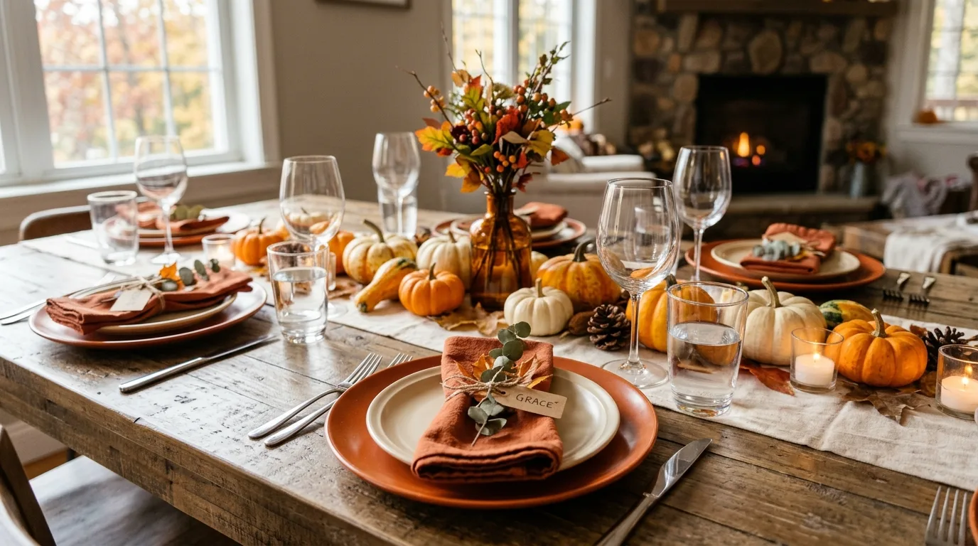 Budget-friendly Thanksgiving table setting with pumpkins and warm tones