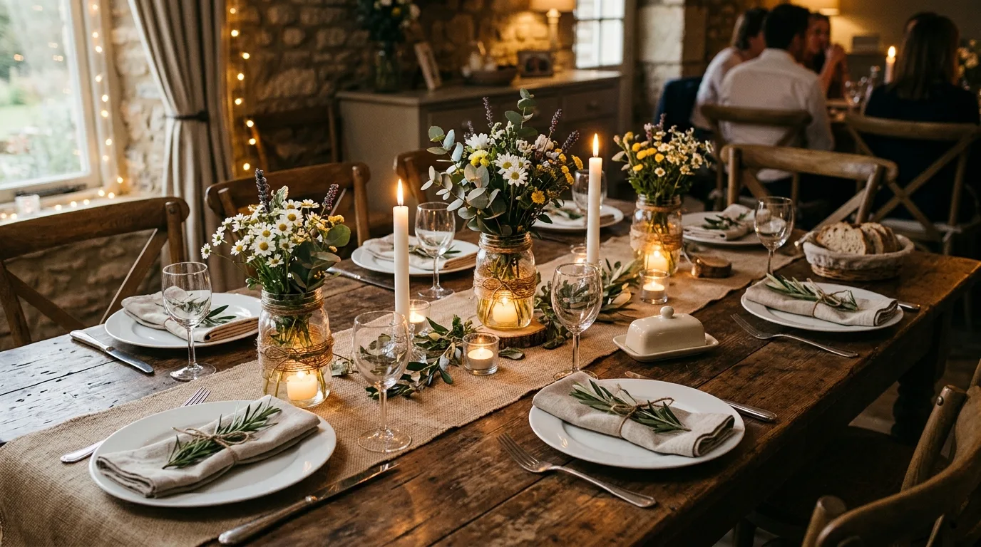 Rustic Thanksgiving table with burlap runner and mason jars