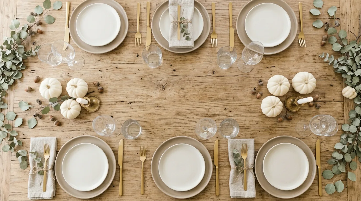 Neutral Thanksgiving table with white pumpkins and greenery