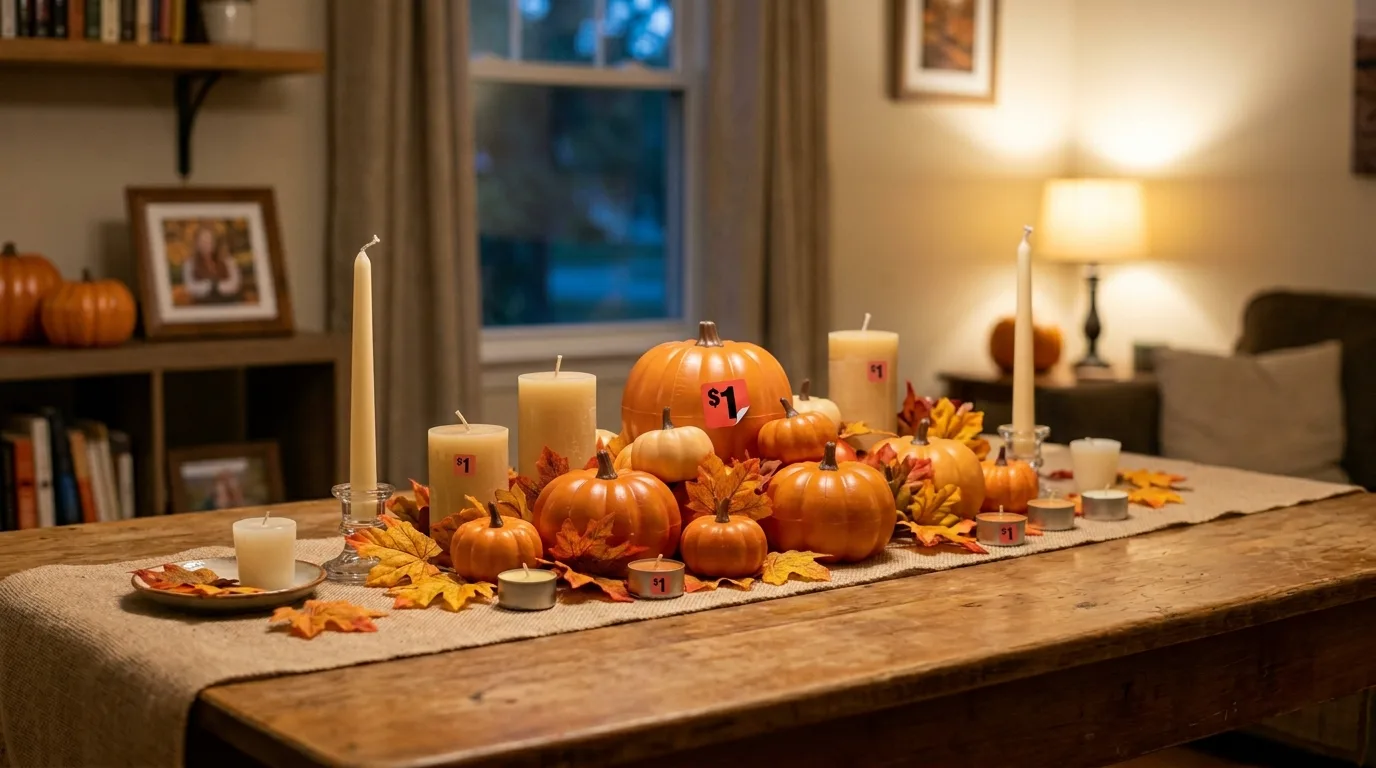 Budget Thanksgiving table with candles and pumpkins