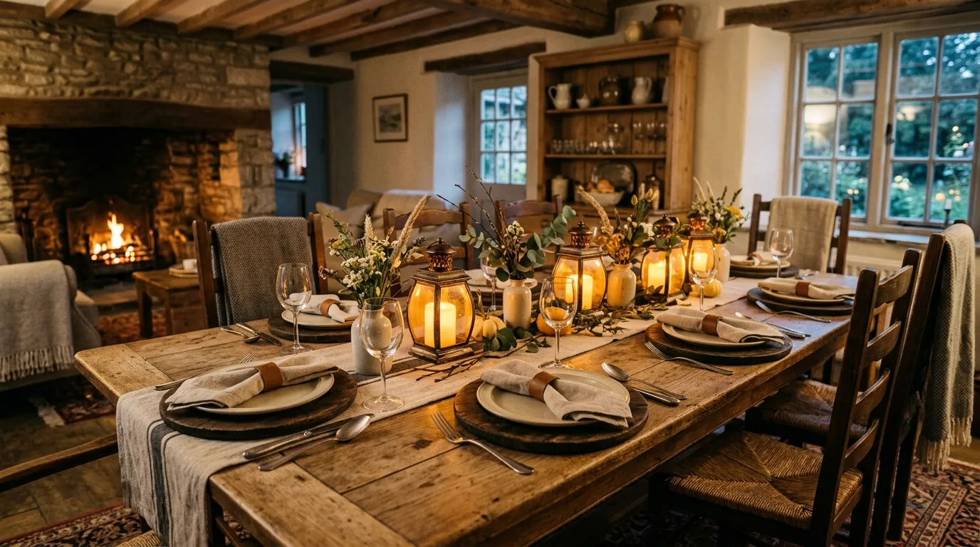 Farmhouse Thanksgiving table with wooden chargers and lanterns