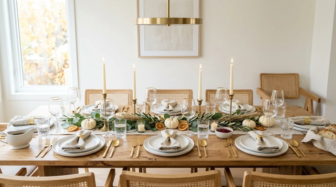 Modern Thanksgiving table with white dishes and gold cutlery