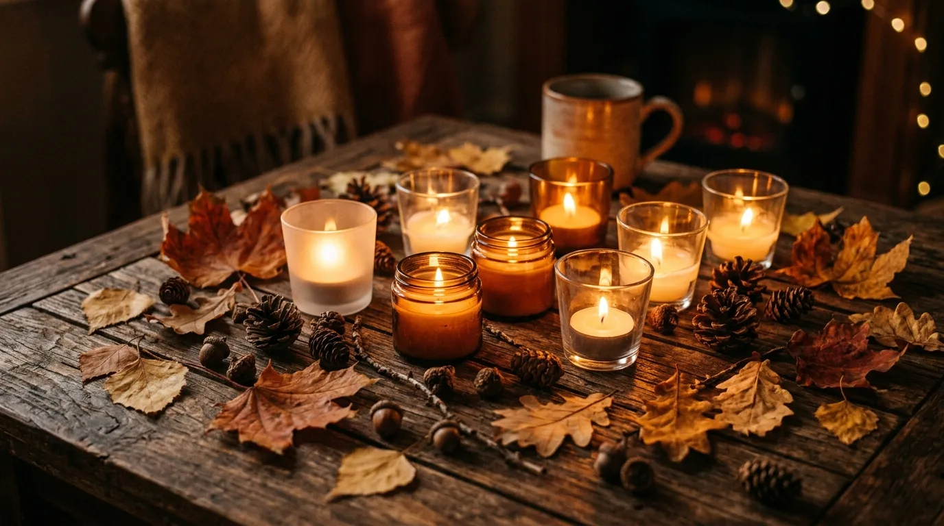 Candlelit Thanksgiving table with pinecones and leaves