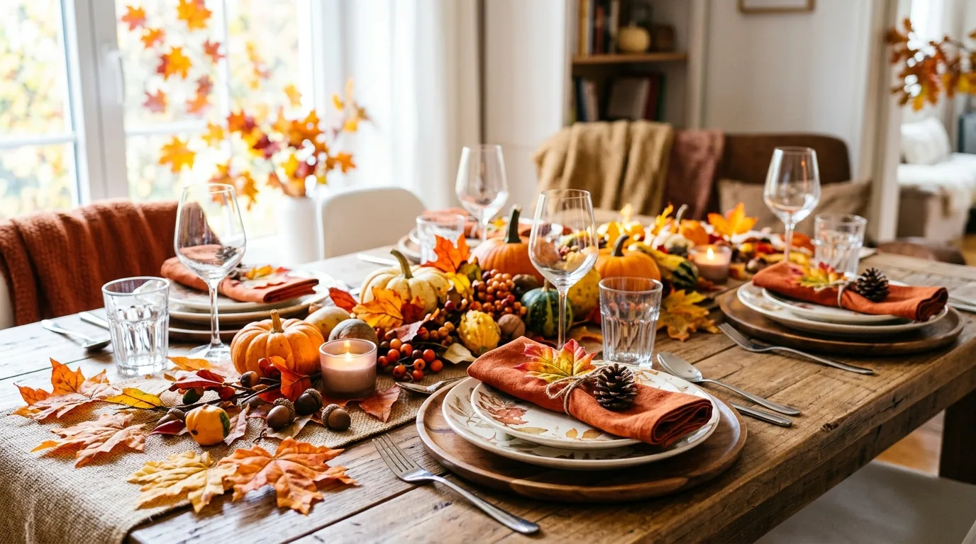 Colorful Thanksgiving family table with fall decor