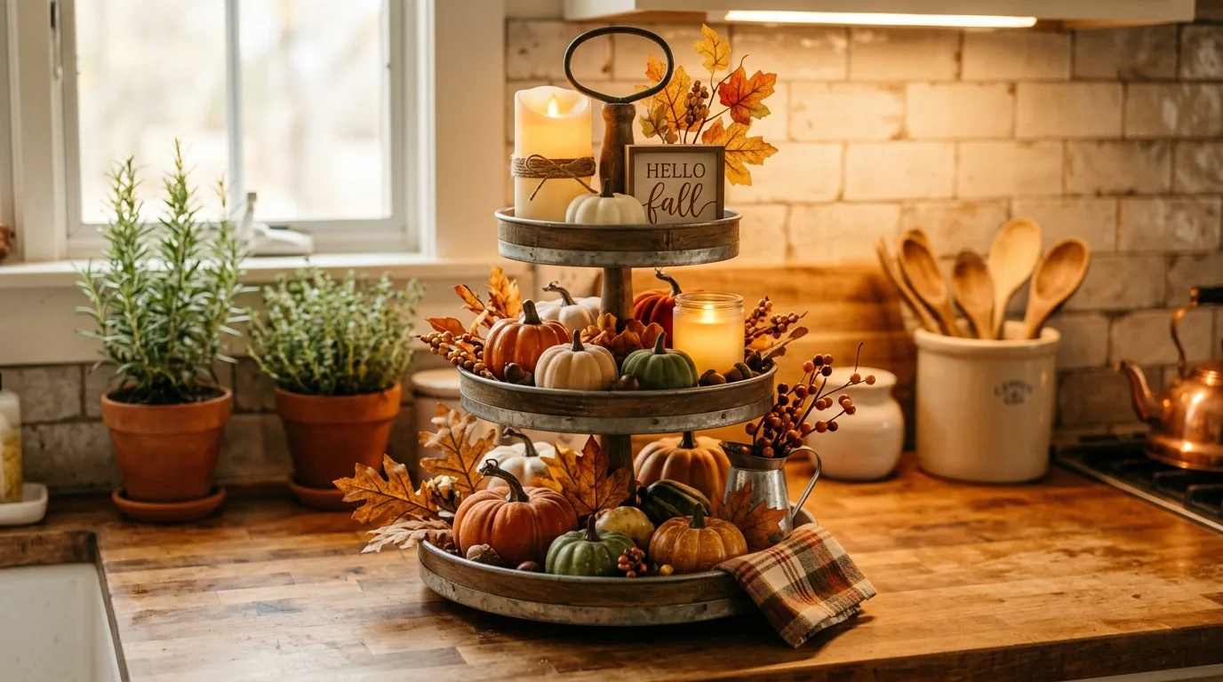 Farmhouse tiered tray with mini pumpkins, candles, and autumn leaves