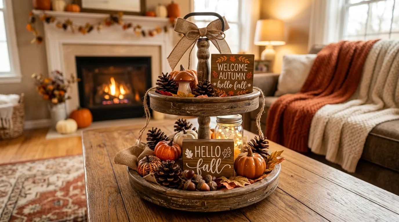 Rustic wooden tiered tray with burlap accents, pinecones, and Hello Fall signs