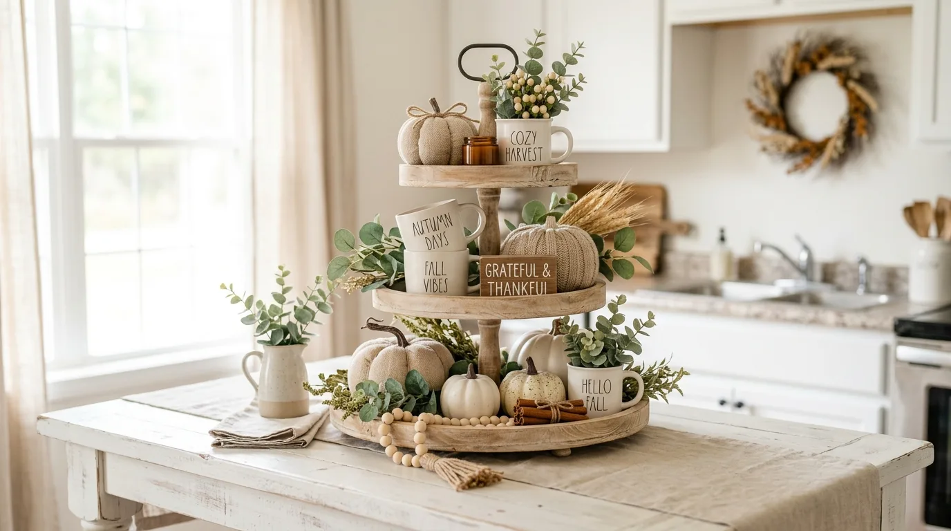 Neutral fall tiered tray with beige pumpkins, white mugs, and eucalyptus