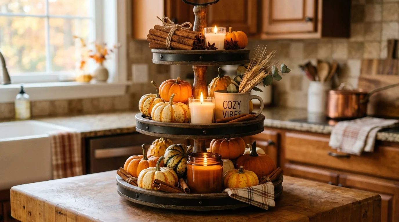 Cozy kitchen tiered tray with cinnamon sticks, candles, and mini gourds