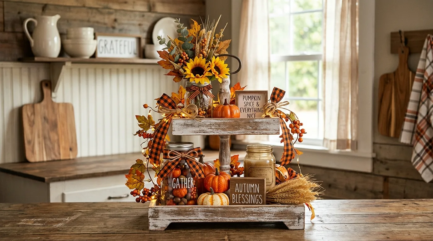 Farmhouse tiered tray with mason jars, plaid ribbons, and fall florals