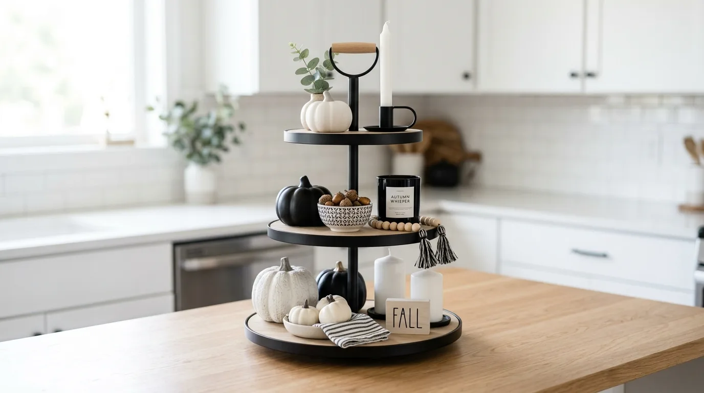 Modern minimalist tiered tray with black and white decor and pumpkins