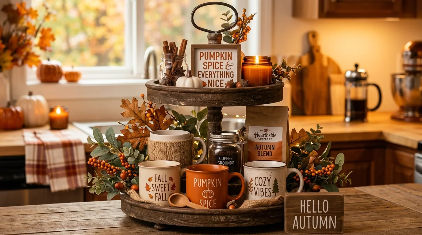 Fall coffee station tiered tray with seasonal mugs and pumpkin spice decor