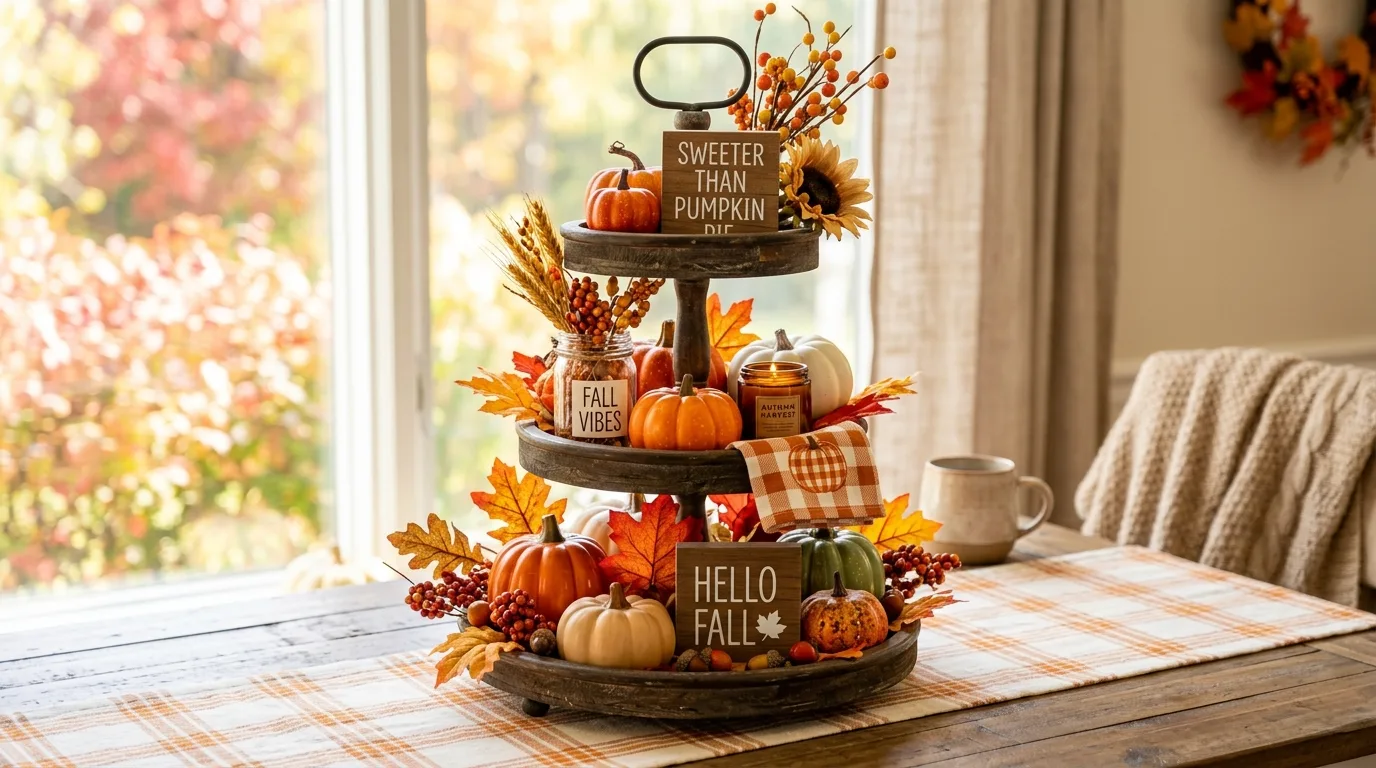 Colorful autumn tiered tray with orange, red, and yellow accents