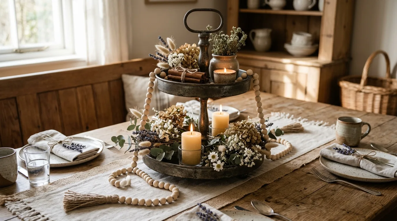 Rustic metal tiered tray with wooden beads, candles, and dried flowers