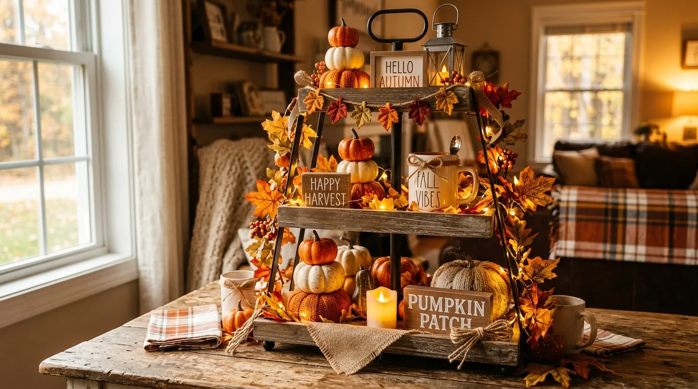 Pumpkin-themed tiered tray with stacked mini pumpkins and leaf garlands